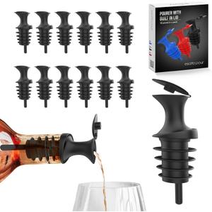 Esatto Pour and Seal, Plastic Bottle Pourers With Built In Lid  Easy and Precise Pouring, Lid for Storing and Healthy Practices, Professional Bar Tool, Pack of 12 Pieces Wine Stopper Pourer (Black)
