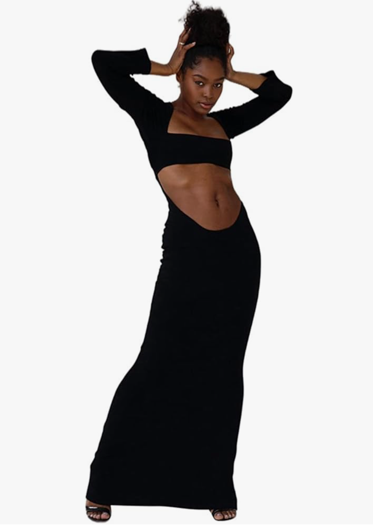 Suillty Women Sexy Hollow Out Bodycon Dress Long Sleeve Backless Belly Cutout Long Dresses for Cocktail Party Festival, Size:M