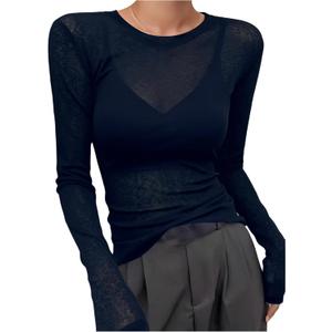 RoseSeek Women's See Through Mesh Tops Crew Neck Long Sleeve Basic Shirts Sheer Tight Tees (L)