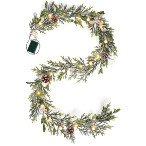 6FT Snow Cedar Pine Garland,Prelit Christmas Garland with Timer,Realistic Garlands Battery Operated for Winter Holiday Outdoor Staircase Decorations 20LED. 2 ps