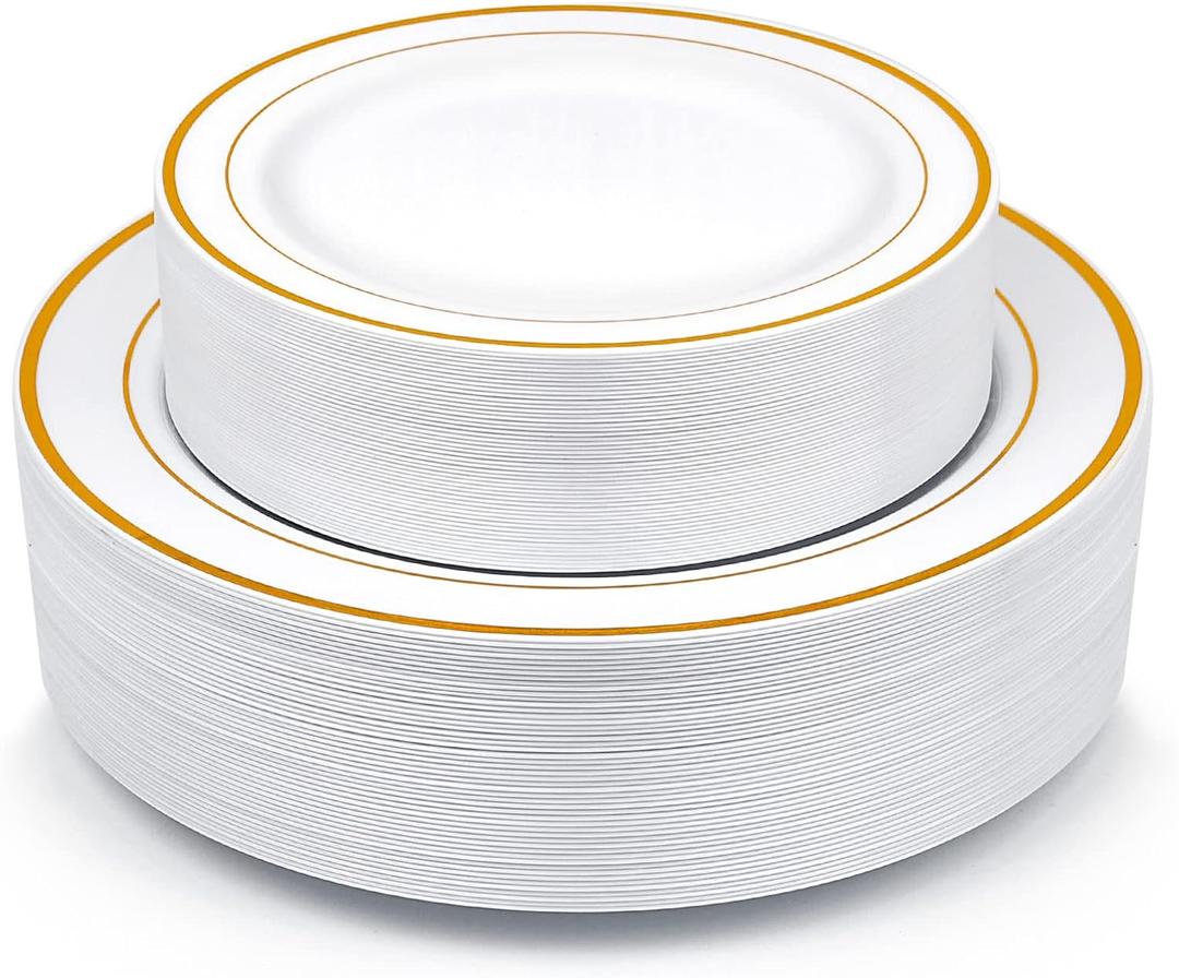 Gold Plastic Plates, MCIRCO 100 Pieces Disposable Party Plates for Weddings, Premium Gold Rim Plates, Include 50 10.25 Inch Dinner Plates and 50 7.5 Inch Dessert Appetizer Plates (gold, 100pcs)