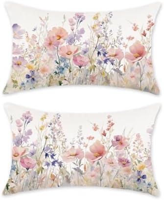 TAJWE Floral Spring Pillow Covers 12x20 Set of 2 Summer Flowers Lumbar Cushion Cases for Couch Sofa Home Decorations