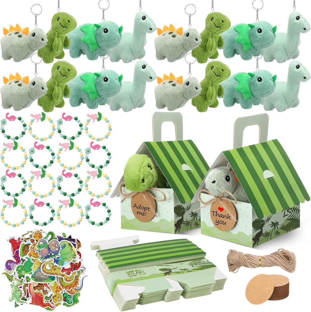 Remuuly 88 Pcs 12 Sets Dinosaur Party Favor Mini Dinosaur Stuffed Animals Bulk Plush Keychains Bracelet Gift Box Sticker for Adopt an Animals Favors Birthday Goodie Bag Supplies Fillers Stuffers
