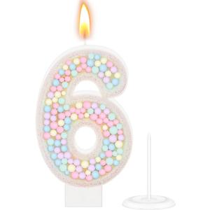 MTLEE Number 6 Candle Pastel Macaron Glitter 3D Rainbow Birthday Number Candle Cake Topper for Girl Boy Birthday Wedding Anniversary Sweet Theme Party Decorations