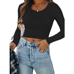 REORIA Women's Basic Casual Long Sleeve Crew Neck Double Lined Tight T Shirts Crop Tops Basic Tee Tops (Black) S