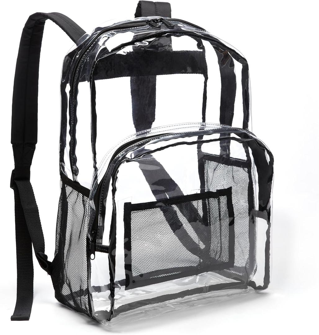 Amazon Basics Transparent Clear School Backpack, Water-Resistant PVC Plastic, Reinforced Shoulder Straps, 17 x 7 x 13 in