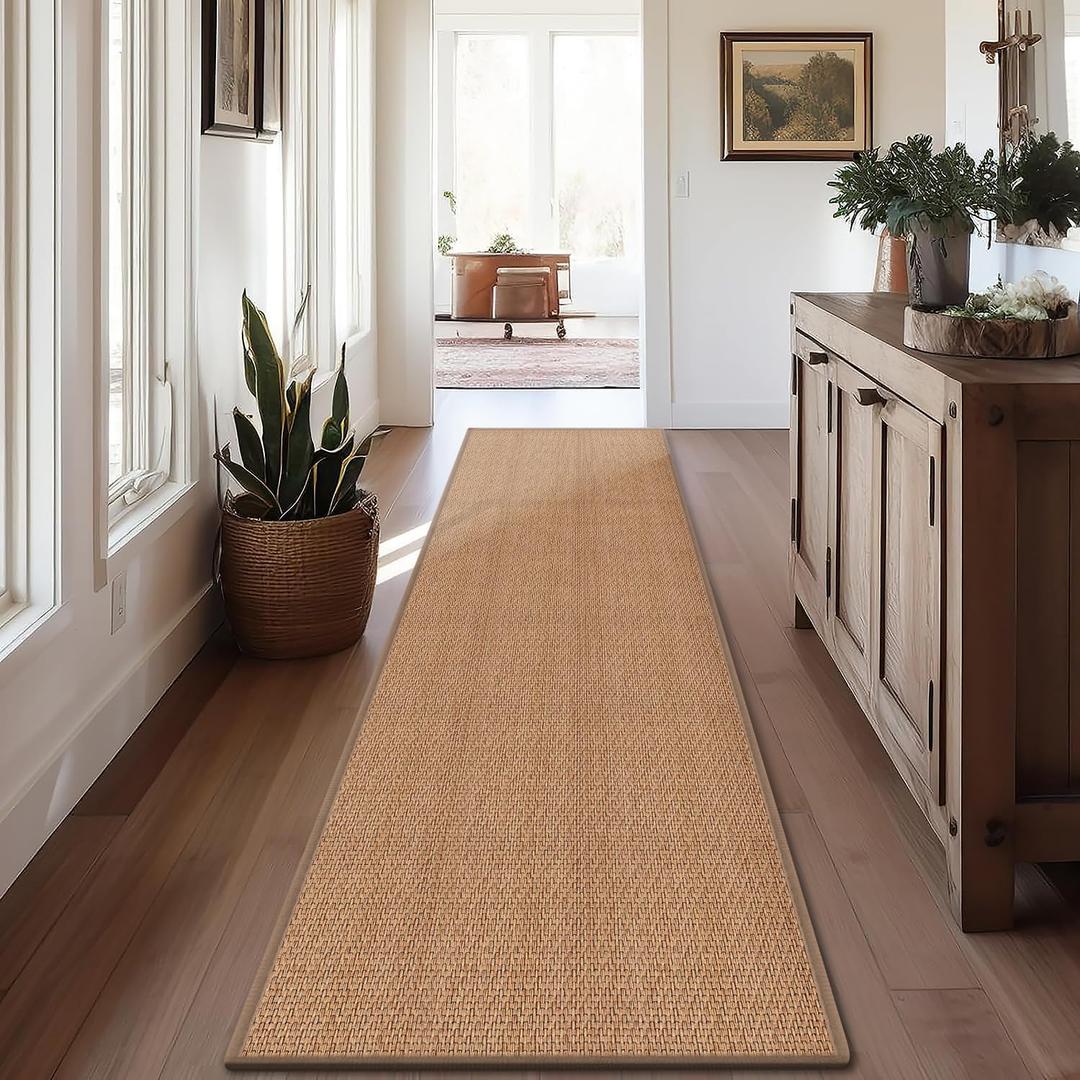 8ft Natural Jute Hallway Runner Rug Non Slip Washable, Rubber Backed Long Indoor Entryway Runner, Absorbent Kitchen Carpet Sink Rug, Camel