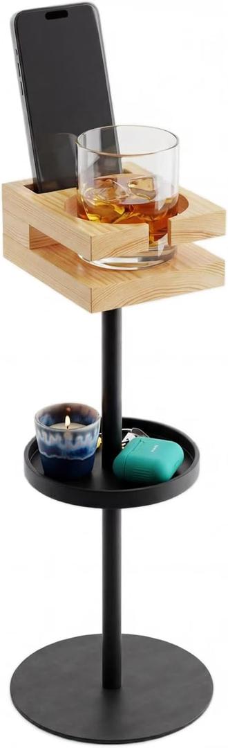 Drink Table for Small Spaces - Slim Pedestal Side Table with Real Wood Top & Stable Base for Coffee & Cocktails - Ideal for Tight Living Room & Bedroom Spaces (Walnut)