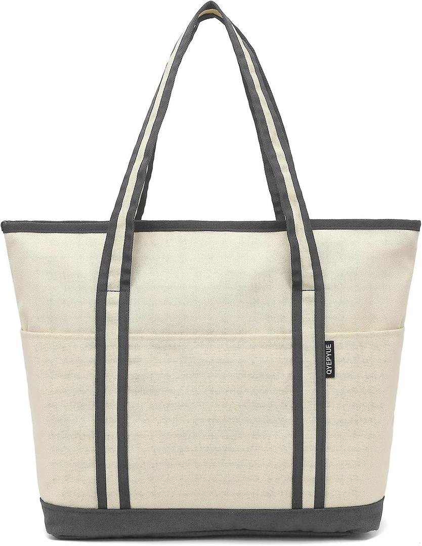 Large Canvas Tote Bag for Women, Beach Bag with Zipper, Utility Tote Bag with 3 Front Pockets, Weekender Pool Bag (Beige Yellow With Gray)