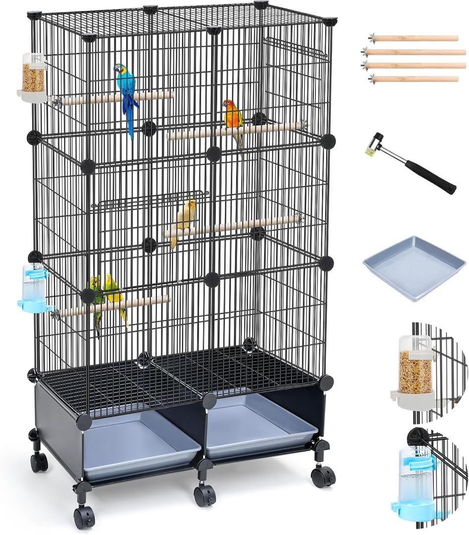 Upgraded Encrypted 46-Inch Bird Cage, with Wooden Perches, Metal Parakeet Cage with Slide-Out Tray, Water Bottle&Feeder, Bird Cages for Parrot,Parakeets,Cockatiel,Lovebird,Small Mid-Sized Birds