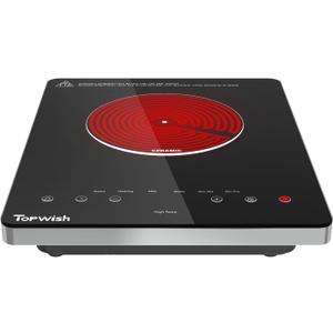 Electric Cooktop, TOPWISH 110-120V Electric Stove Top Single Burner Cooktop LED Touch Control, Child Lock, 10 Power Level, Residual Heat Indicator, 1300W Plug in Glass Countertop Burner for Cooking