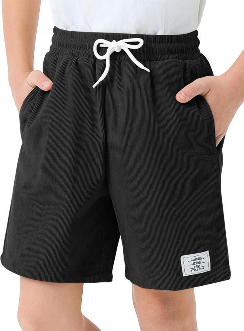 Haloumoning Boys Corduroy Shorts Kids Casual Elastic Waist Drawstring Summer Shorts with Pockets 5-14 Years (11-12 Years, Black)