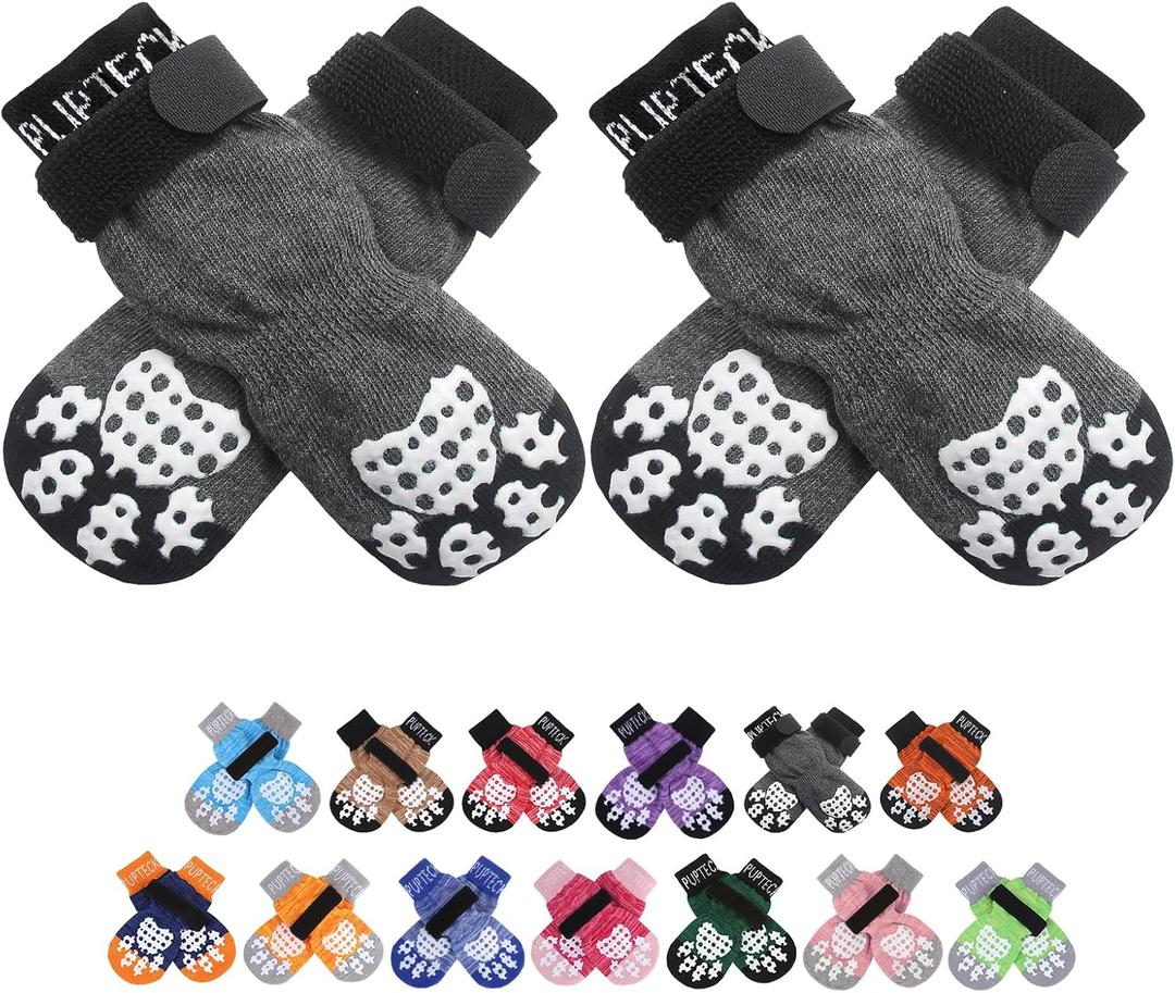 PUPTECK Anti-Slip Dog Socks with Double Sides Grips for Small Medium Large Dogs Hardwood Floors Prevents Licking, Dog Shoes for Hot Pavement Traction Control Paw Protector for Senior Dogs, Grey XS