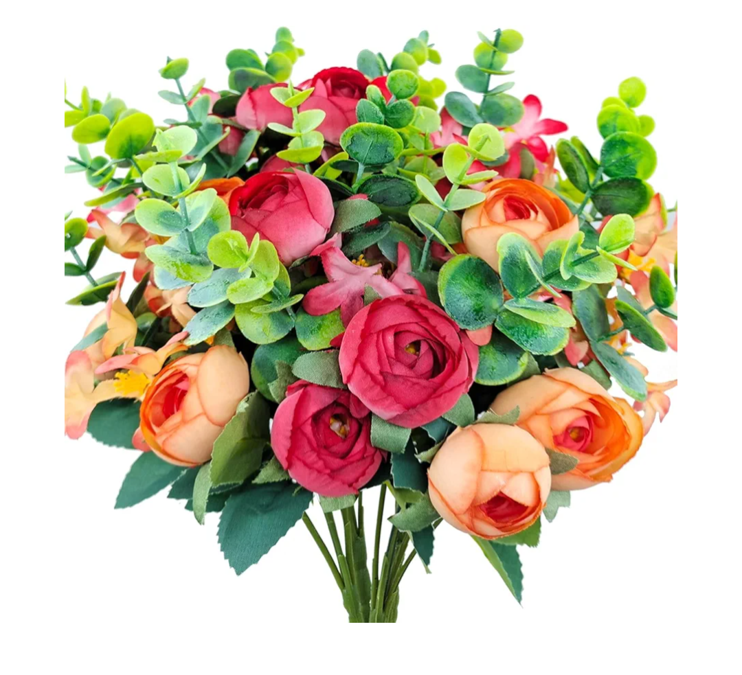 4 Bundles Artificial Peony Flowers with Eucalyptus & Lilac, UV Resistant Faux Silk Plants for Outdoor Planters, Cemetery & Home Decor, Realistic Floral Arrangement Centerpieces