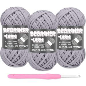 Crochet Kit for Beginners, 3x50g Chunky Cotton Yarn, Light Grey for Crocheting & Knitting, Easy Stitches