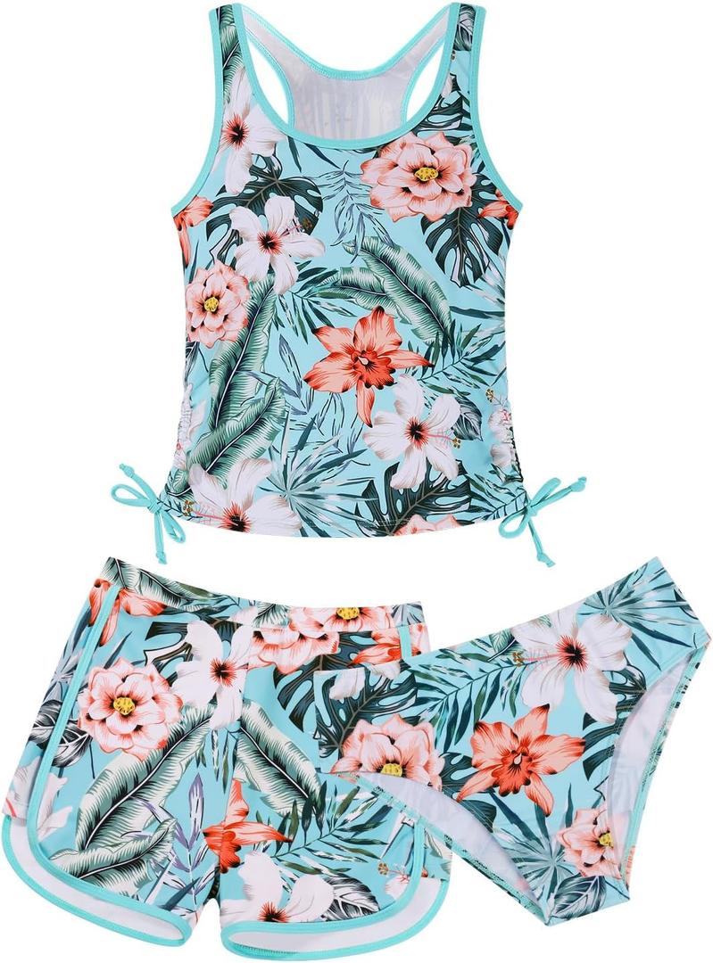 Patgoal Girls 3 Piece Bathing Suit Summer Racerback Top Bikini Swimsuit with Shorts Beach Tankini Sets (9-10 Years, Light Blue + Floral)