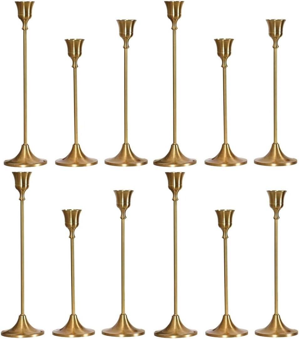 SylvaCraft Brass Gold Candle Holders Rustproof Taper Candlestick Holders for Holiday Party Table Centerpiece Wedding Fireplace Mantel Housewarming Gift(4 Sets(12 Pcs))