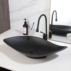 25 Inch Stone Resin Bathroom Sink with High Arc Faucet and Pop-Up Drain Combo,Leaf Shaped Vessel Sink Above Counter Modern Bathroom Vessel Sink Bowl (Black)