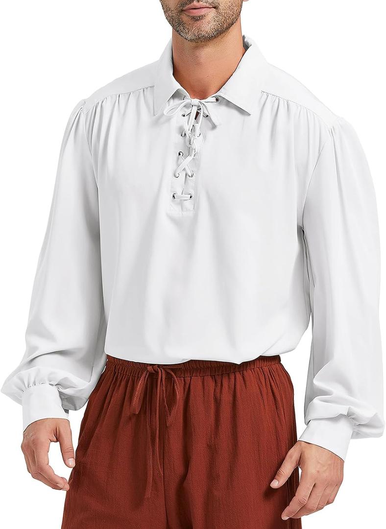 Pirate Shirt Men Renaissance Faire Costume Medieval Victorian Shirt Vampire Gothic Steampunk Costume Halloween Cosplay Tops (X-Large, A White)