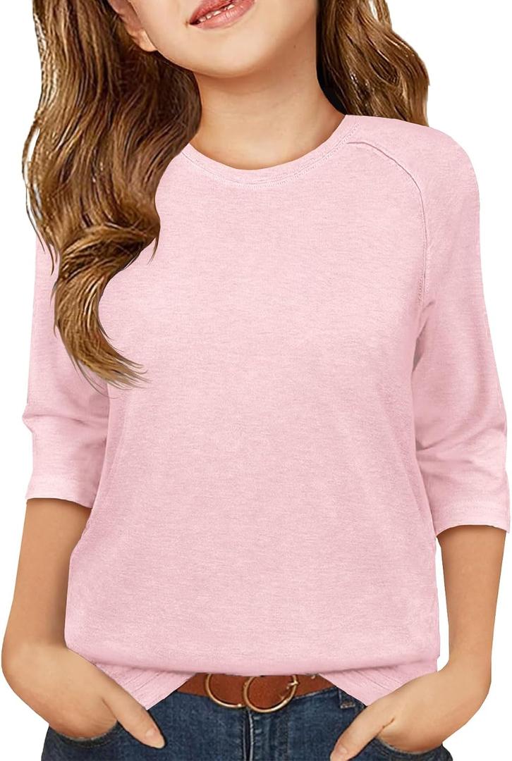ZDC Girls Casual 3/4 Sleeve T Shirts Kids Cute Crewneck Tops Basic Tees Blouse for 5-14 Years (Pink)
