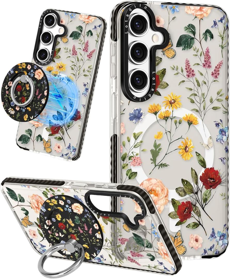 Cute Case for Samsung Galaxy S25 for Women Girls - Funny Retro Flower Design Compatible with Magsafe Magnetic Ring Holder Kickstand Fashion TPU Phone Covers