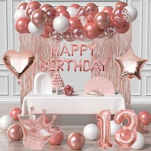 Pack of 3 13th Birthday Decorations For Girls-Rose Gold 13 B-DAY Girl Decorations Include Rose Gold White Balloons, Happy Birthday/Love Crown 13 Number Foil Balloons, Tablecloth,Fringe Curtains