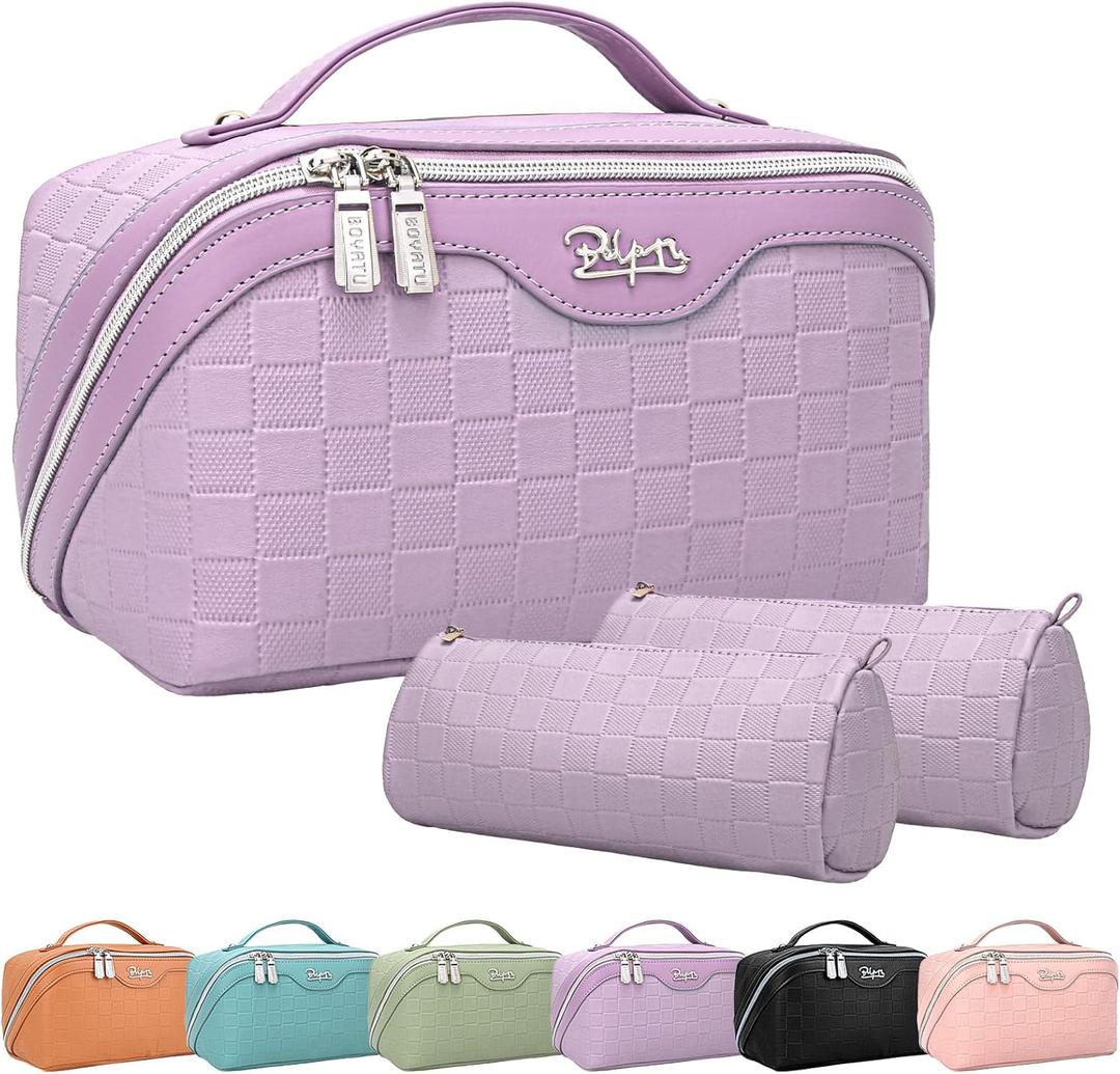 BOYATU Travel Makeup Bag Organizer Cosmetic Bag: 3 Pcs Set Make up Bags for Women with Handle - Waterproof Vegan Leather Toiletry Bags with Comparments (C-01-Purple)