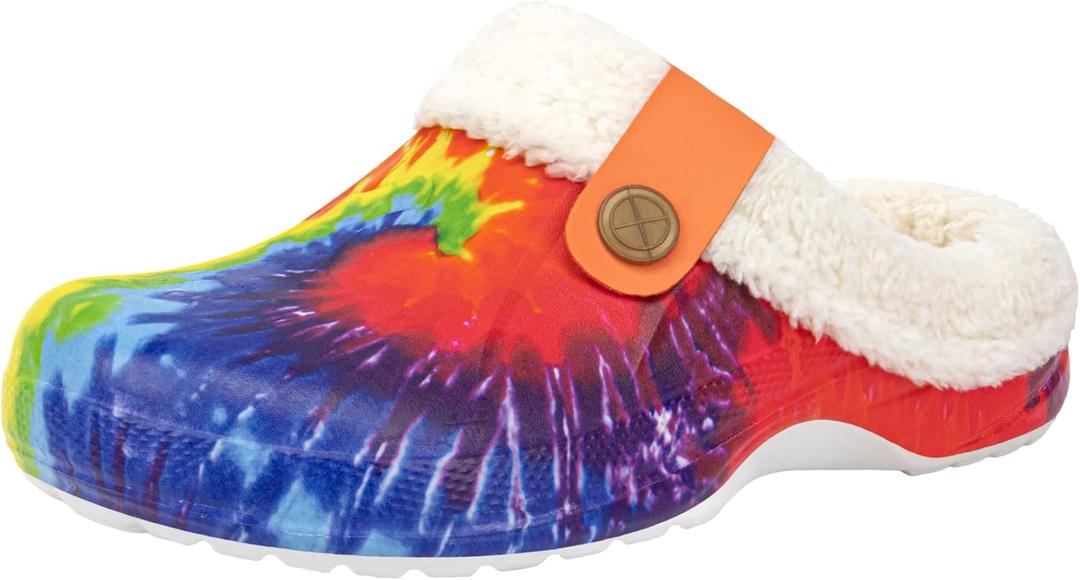 ChayChax Women and Men Fur Lined Clogs Memory Foam Warm Fuzzy Slippers Winter Waterproof Indoor Outdoor Slipper (7.5-8.5 Women/6.5-7 Men, Tie Dye)