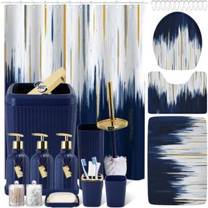 32PC Bathroom Sets with Shower Curtain and Rugs-Navy Blue Bathroom Accessories,Non Slip Bathroom Rugs Set with Toilet Lid Cover, Waterproof Shower Curtain, 3PC Soap Dispenser with Trash Can