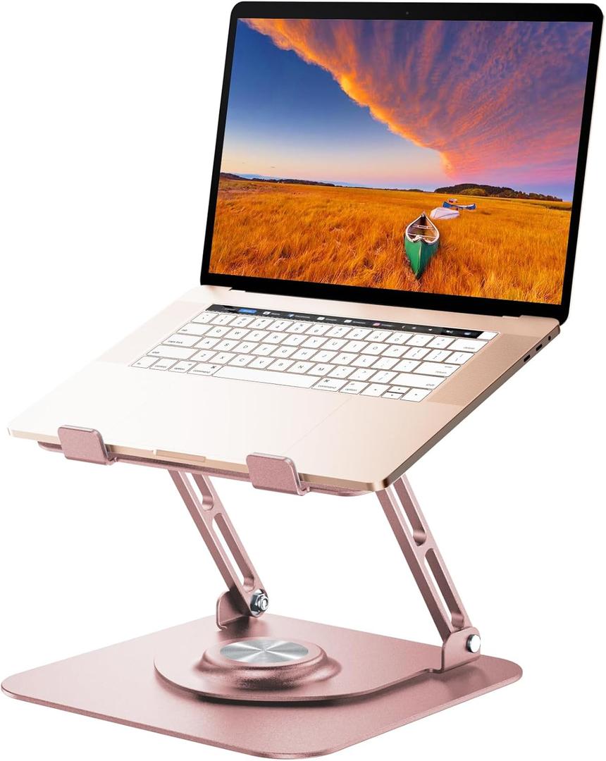 Laptop Stand for Desk, Adjustable Computer Stand with 360 Rotating Base, Ergonomic Laptop Riser for Collaborative Work, Foldable & Portable Laptop Stand, fits for All 10-16" Laptops (Rose Gold)