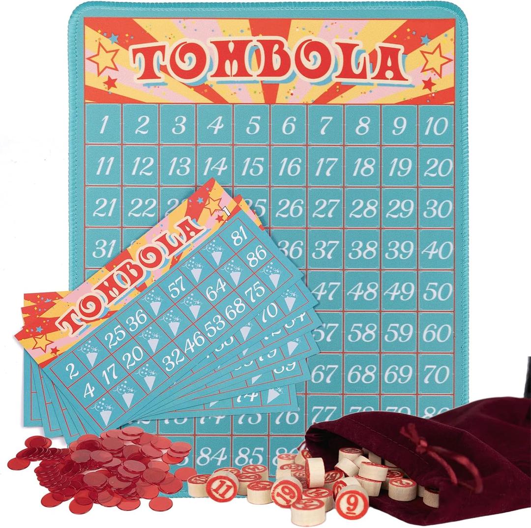 Extguds Tombola Bingo Game,Vintage Tombola Italian Game,Russian Lotto with number1-90 for Lottery, for up to 24 PlayersBlue