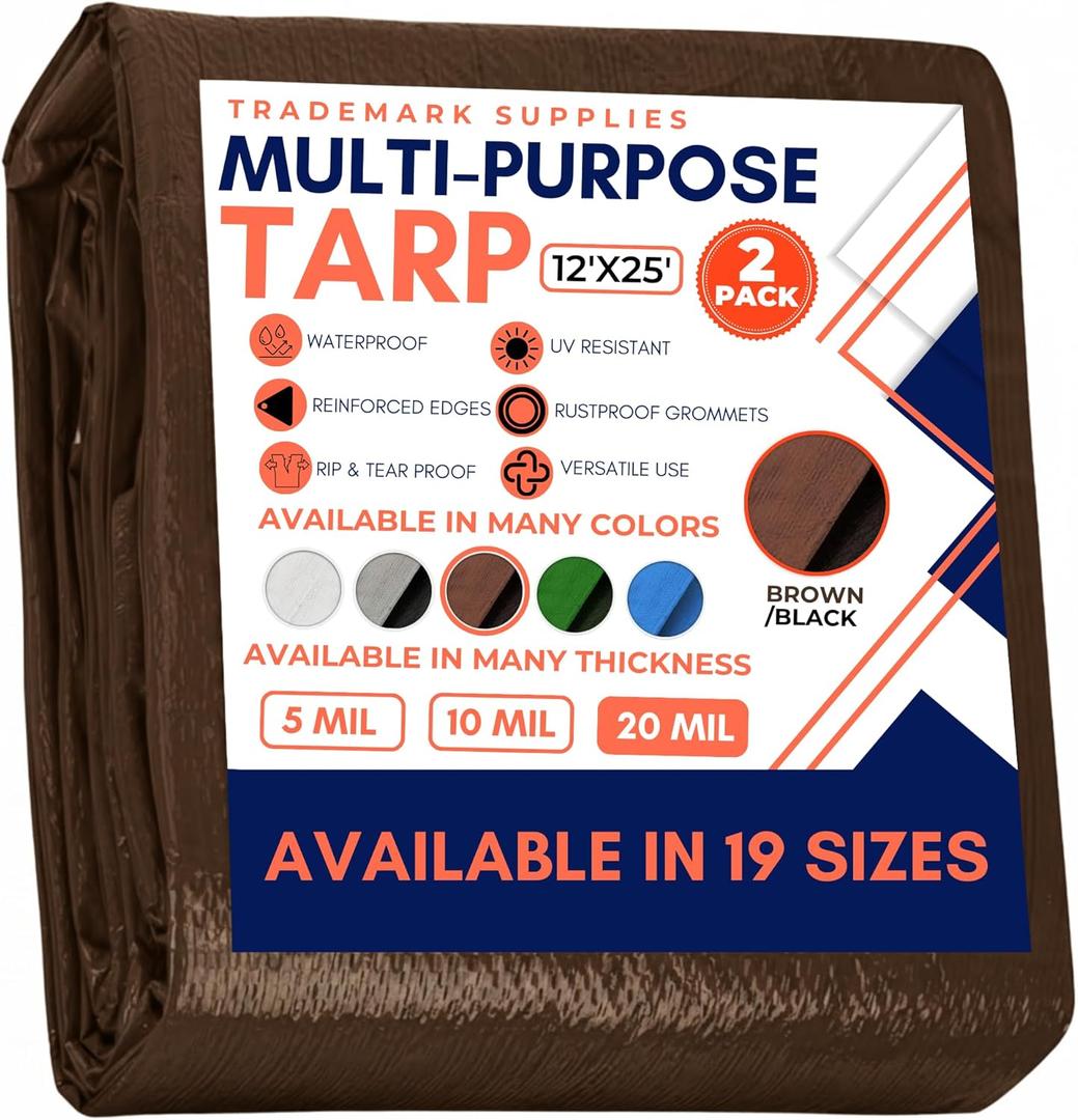 Tarp Cover Brown/ Black 2-Pack Heavy Duty 20 Mill Thick Material, Waterproof, 12'X'25, Great for Tarpaulin Canopy Tent, Boat, RV Or Pool Cover (Poly Tarp 12X25, Ultra Thick)