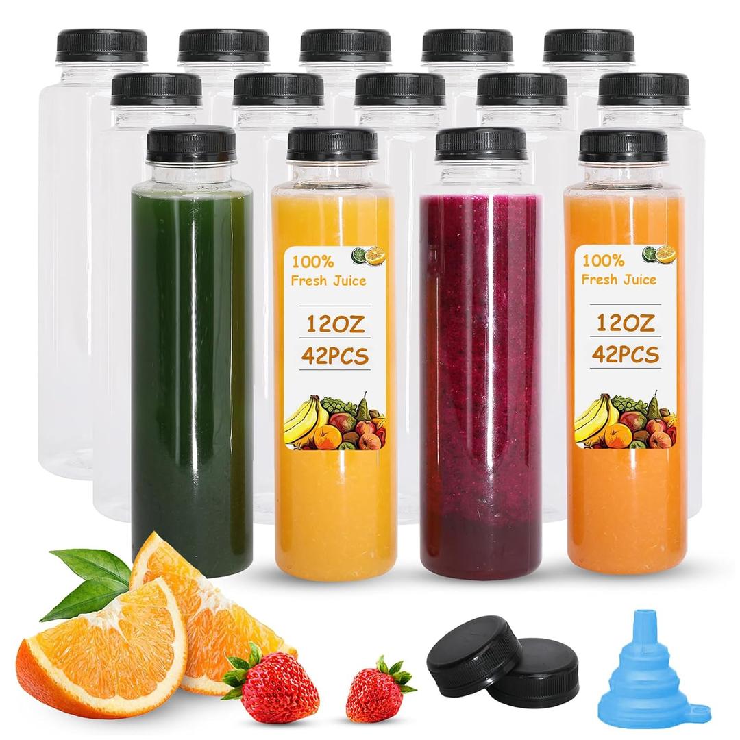 Holotap 42 Pcs 12 OZ Juice Bottles with Caps Bulk, Empty Plastic Bottles with Black Tamper Evident Lids for Juicing, Protein Drinks and Other Beverage Drink Containers (Black, 12OZ)