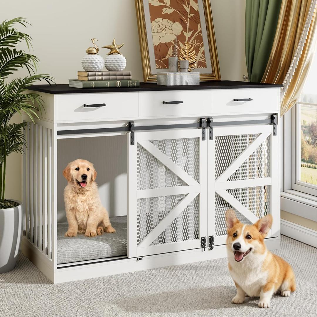 kepptory 48 Inch Large Dog Crate Furniture with 3 Storage Drawers, Wooden Pet Kennel with Removable Divider, Dog Kennel End Table TV Stand, Farmhouse Style Dog Crates with Sliding Barn Door (White)