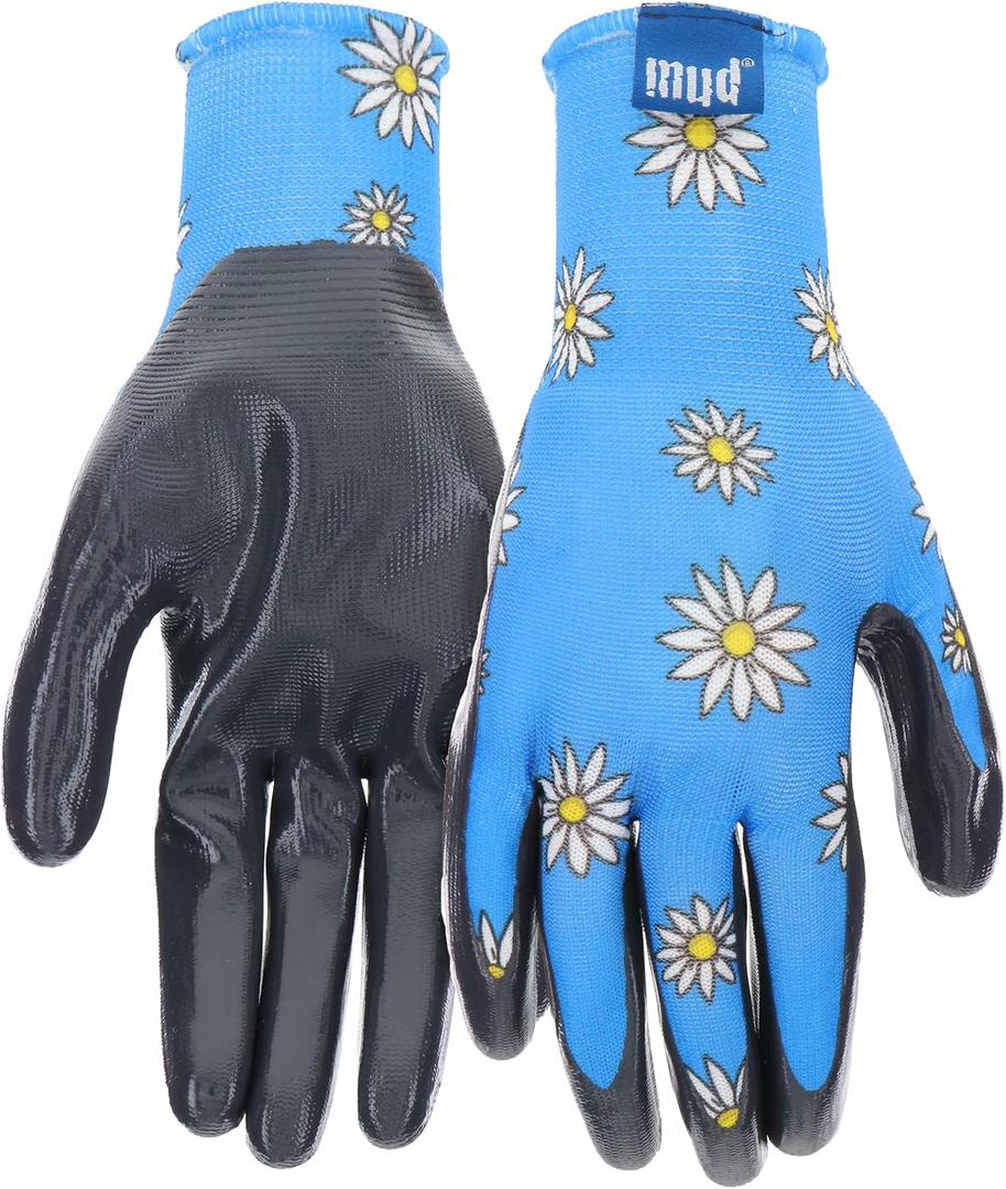 MUD Grip Women's Daisy Printed Polyester Shell and Flat Nitrile Coated Palm Gardening Gloves, (Small/Medium (Pack of 1)