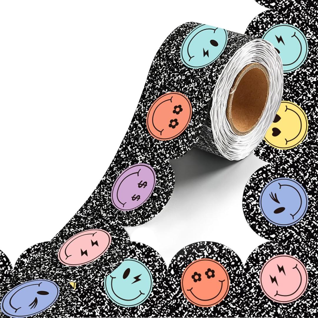 4 x 50ft Composition Bulletin Board Borders, Happy Face Scalloped Rolled Border Trim Wavy Line Board Borders Trim for Classroom, Home, Office & Back-to-School DIY Wall Decor, Black and White