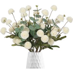 Fake Kiku Flowers,8 Stems Artificial Mum Flower with 3 Branches Eucalyptus Stems White Faux Flowers Silk Pom Pom Balls for Wedding Bouquet Home Office Party Floral Arrangements(White)
