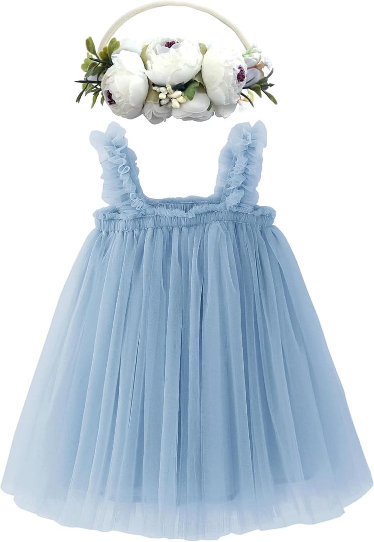 BGFKS Layered Tulle Tutu Dress for Toddler Girls,Baby Girl Rainbow Tutu Princess Skirt Set with Flower Headband. (5-6 Years, Dusty Blue)