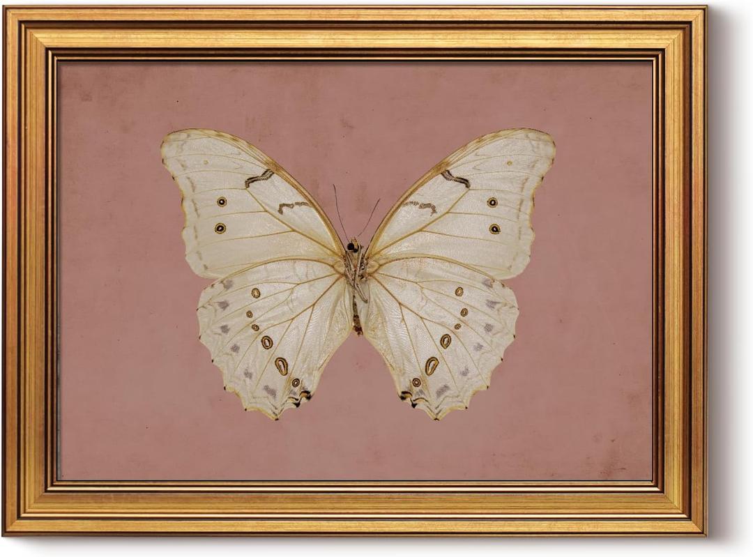 InSimSea Gold Framed Canvas Prints Wall Art, Vintage Bathroom Decor, Classical Moody White Butterfly Paintings Farmhouse Wall Decor Aesthetic, Retro Pictures for Bedroom Living Room Shelf, 12x16inch