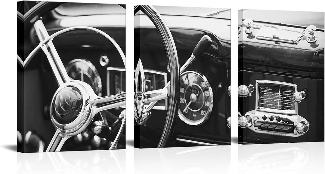 LoveHouse Vintage Car Canvas Wall Art Mens Room Art Prints Black and White Classic Car Pictures Prints