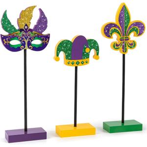 3 Pieces Mardi Gras Tiered Tray Decor Wood Set, Glitter Mardi Gras Table Decor,Rustic Mardi Gras Table Decorations for Party Home Room (Mardi Gras)