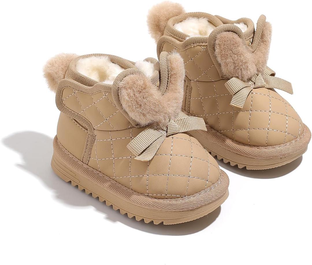 Toddler Girl Snow Boots with Bunny Ear - Warm Fur-Lined Ankle Boots - Non-Slip Winter Kids Shoes (Brown)