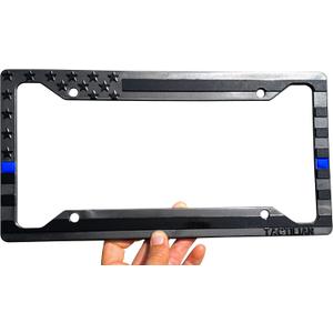 TACTILIAN American Flag License Plate Frame - Subdued 3D Embossed USA Flag in Black Gloss on Matte Finish for Car, Truck or SUV (Thin Blue Line)