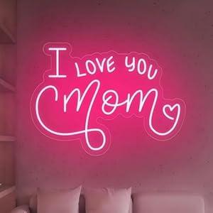 I Love You Mom Neon Sign, Red MOM LED Neon Sign Wall Decor, Neon Signs for Wall Decor Mothers Day Gifts Bedroom Home Party Flower Light 13.8 13