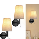 Lightess Pull Chain Light Fixture Wall, Indoor Wall Sconces Set of 2, Vintage Wall Lamps with White Fabric Shade for Bedroom Living Room Corridor