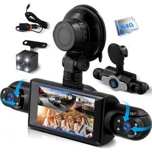 4 Channel 360 Dash Cam 1080P Front and Rear, 3 Inch Left Right Screen, Dash Camera for Cars with 8 IR Lamps Night Vision, Loop Recording, 24H Parking, Free 64GB TF Card