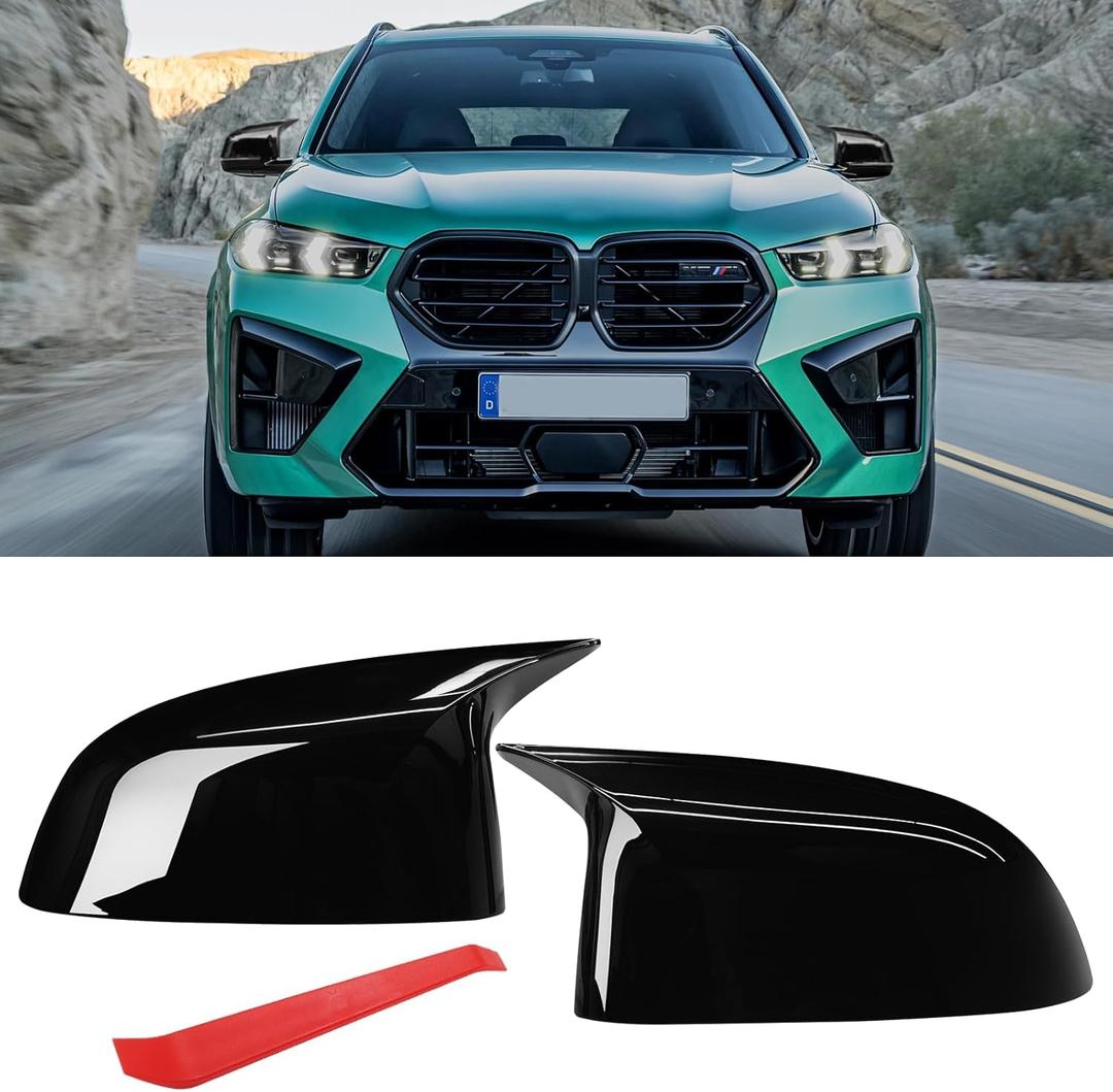 Jaronx Compatible with BMW Mirror Cover X3 G01/X4 G02/X5 G05/X7 G07 2019-2024,X6 G06 2020-2024,M Style Glossy Black Rearview Mirror Caps for BMW, Horn Clip-on Left Driver and Right Passenger