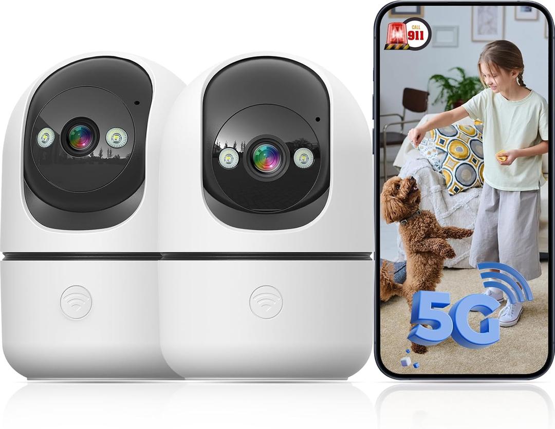 JWQPO Indoor Camera 5G&2.4G WiFi Cameras for Home Security Instant 911 Alert, 360° Pan/Tilt Baby Monitor/Dog/Pet Camera AI Motion Detection Night Vision, Speaker, US Cloud Storage (2Pack)