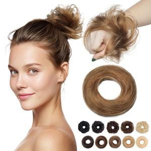 MY-LADY Messy Bun Hair Pieces Human Hair for Women Real Hairpiece Straight Scrunchies Tousled Updo Donut Chignon Ponytail Extension Light Brown