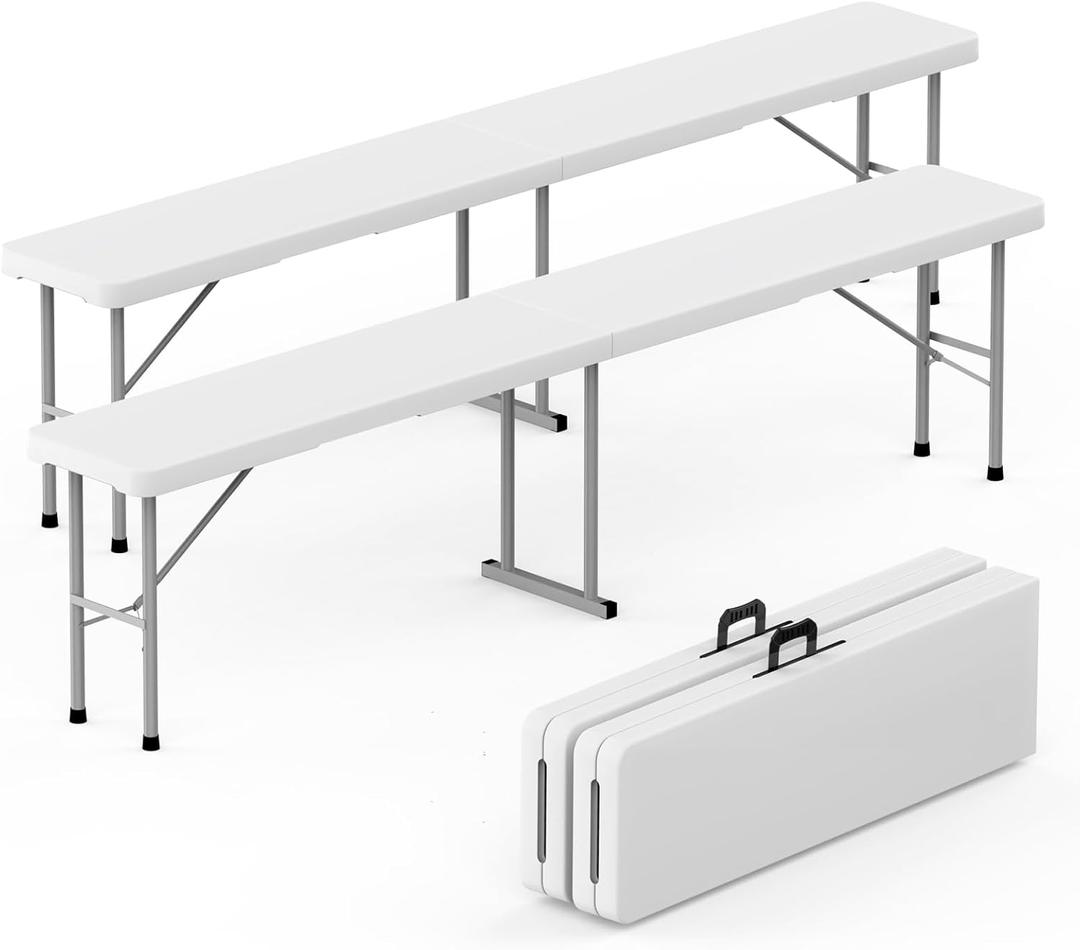 HLPB Folding Bench 6 ft, Foldable Plastic Bench with Handle and Smooth HDPE Tabletop, Protable in/Outdoor Picnic Party Camping Dining Seat, White